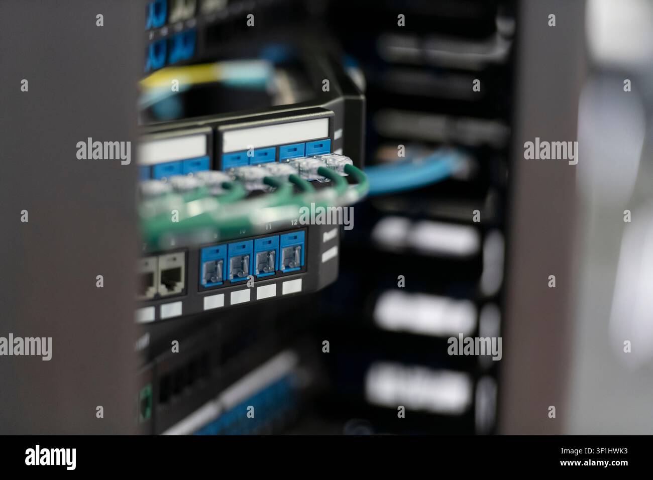 Gros plan d'adaptateurs en fibre optique bleus et de câbles de raccordement verts dans un rack réseau, avec un équipement de télécommunication en arrière-plan. Banque D'Images