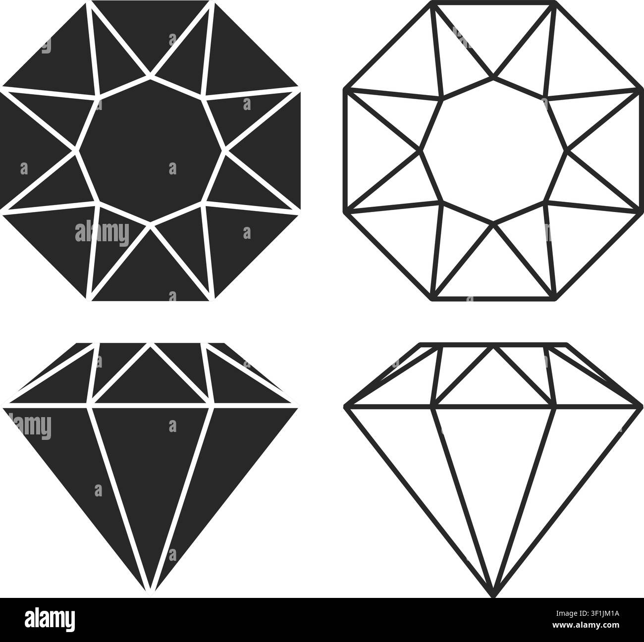 Un ensemble d'icônes en diamant à coupe géométrique montrant des vues de dessus et de côté en silhouette noire solide et en style de contour propre, isolées sur fond blanc. Illustration de Vecteur