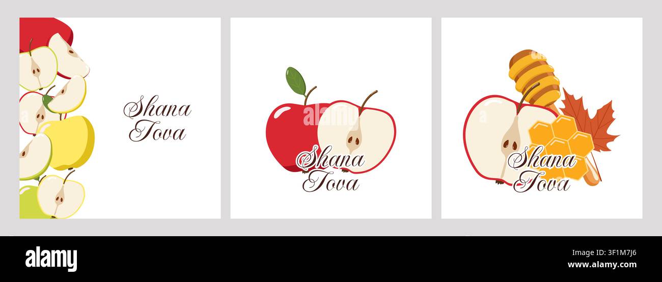 Trois panneaux Shana Tova avec des pommes, du miel, une rayon de miel et une feuille d'automne, des designs festifs symbolisant Illustration de Vecteur