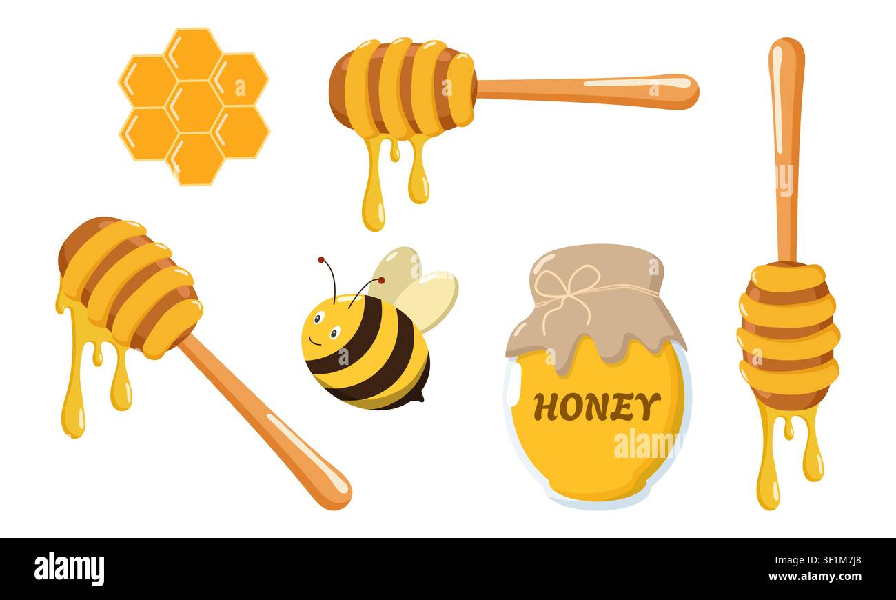 Design de dessin animé sur le thème du miel avec des abeilles, des cuillères à miel, un pot de miel et une rayure de miel, illustration festive et lumineuse Illustration de Vecteur