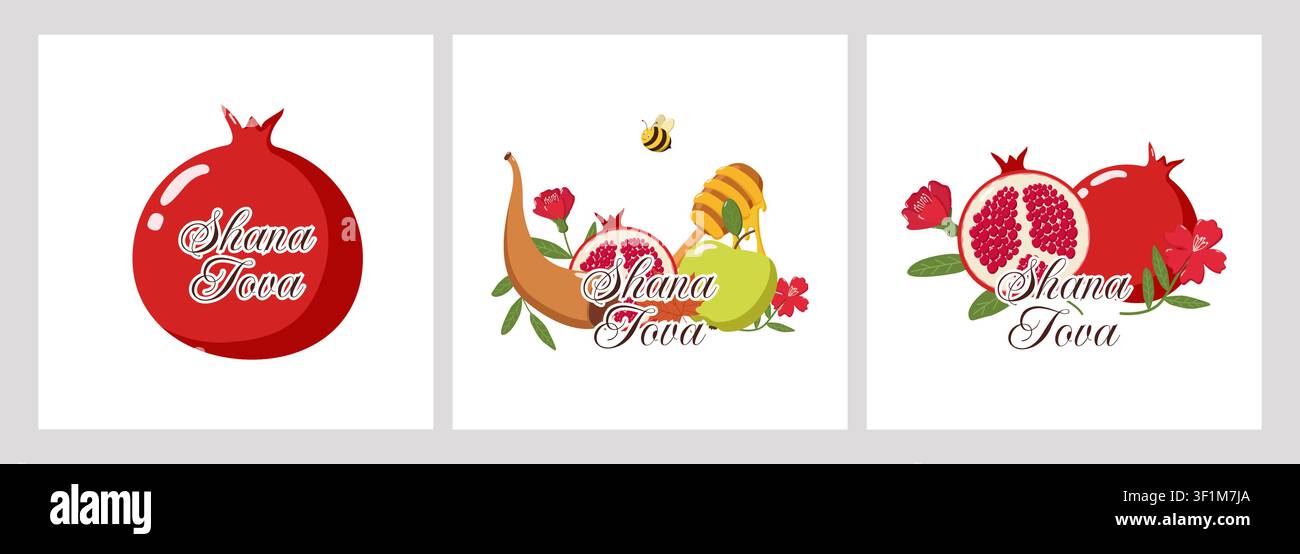 Trois illustrations Shana Tova avec des grenades, des pommes, du miel, un shofar, des fleurs et une abeille, des designs festifs symbolisant Illustration de Vecteur