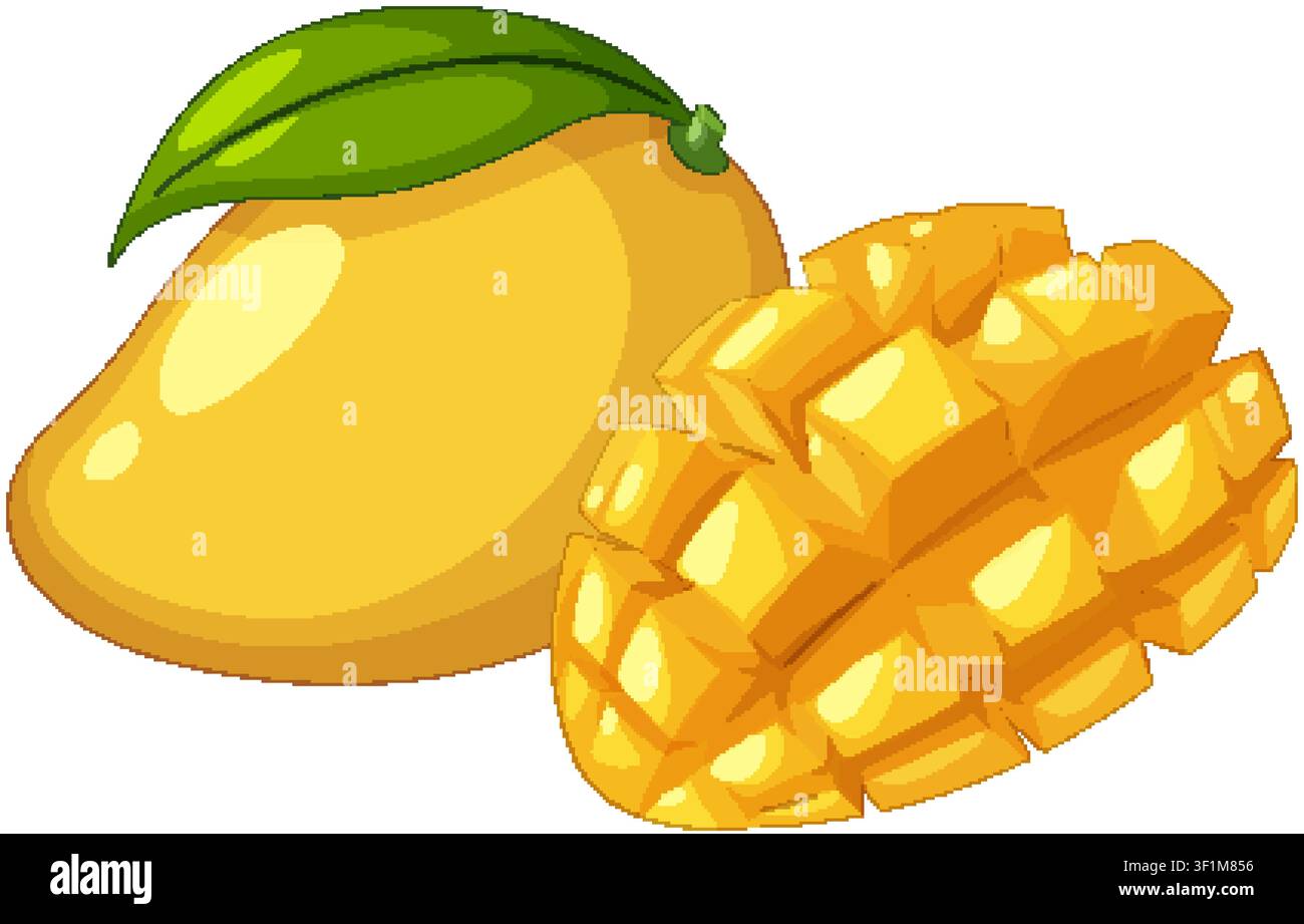 Illustration vectorielle plate d'un mangue jaune entier avec une feuille et des dés de fruits Illustration de Vecteur