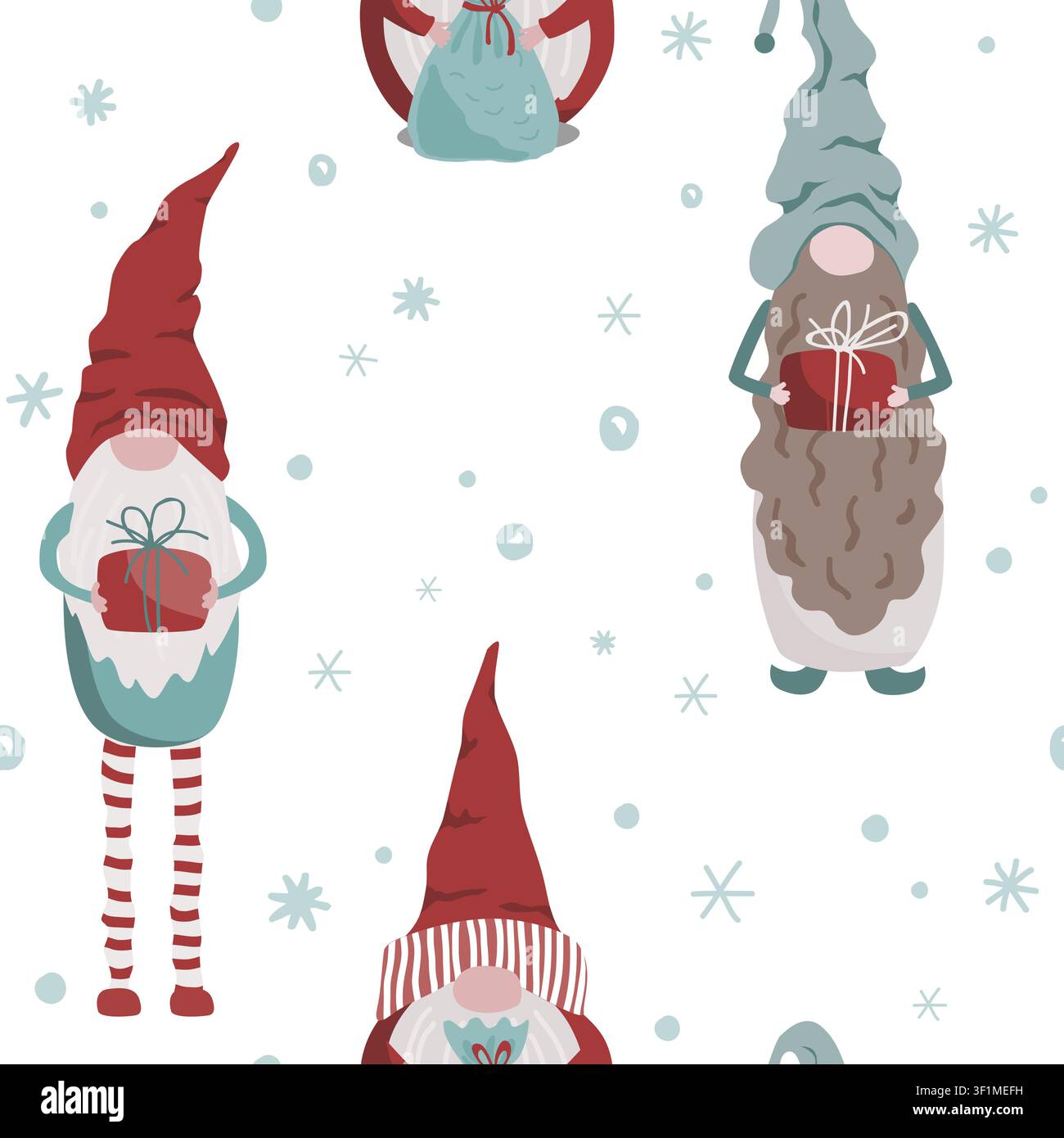 Nains de Noël scandinaves mignons avec préréglages motif sans couture. Elfes mignons et neige motif sans couture. Illustration vectorielle de style cartoon Illustration de Vecteur