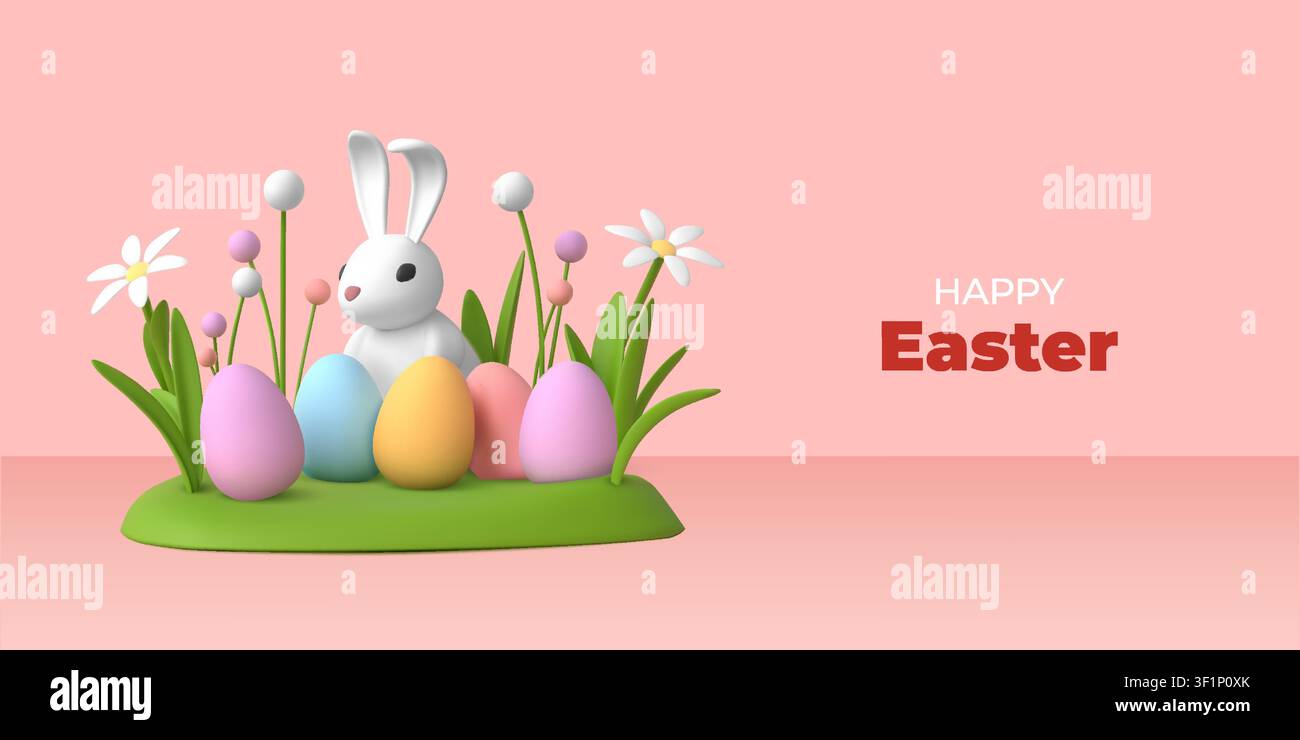 Œufs de Pâques en 3D. Design de lapin, printemps floral joyeux ou rendu réaliste de l'herbe. Fond de feuilles vertes. Modèle de bannière horizontale pour les fêtes de printemps. Illustration isolée mignonne de dessin animé vectoriel Illustration de Vecteur