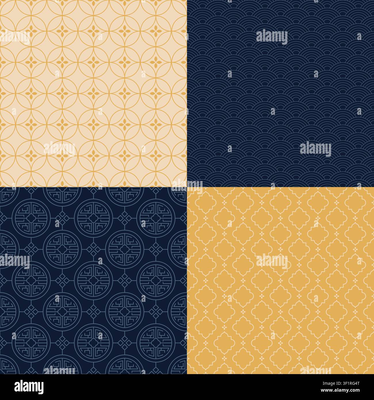 Ensemble de motifs géométriques sans couture inspirés des ornements traditionnels chinois dans un style minimaliste Illustration de Vecteur