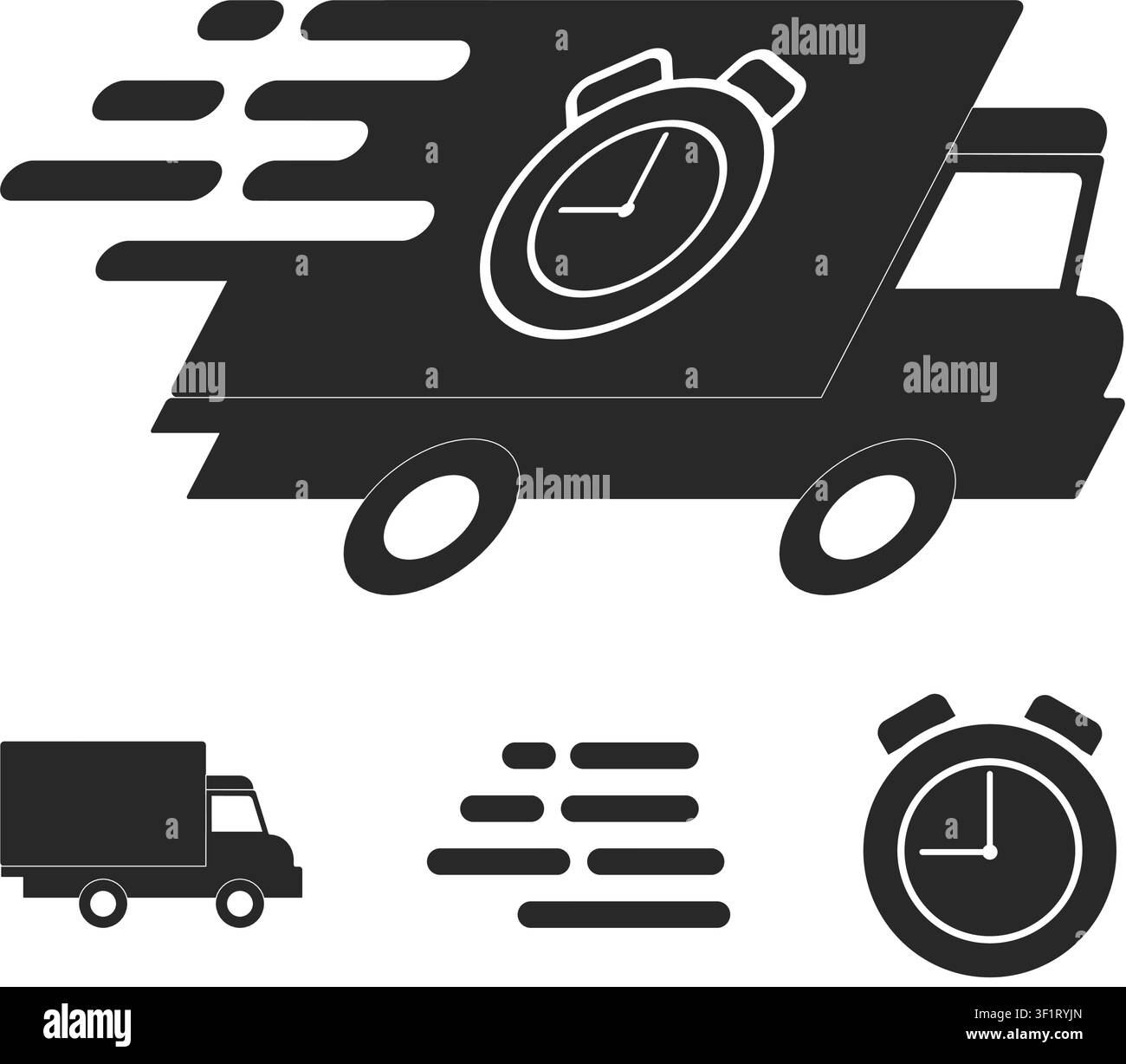 Silhouette noire d'un camion de livraison avec un chronomètre et des lignes de vitesse représentant la logistique d'expédition rapide et les services de messagerie express. Illustration de Vecteur