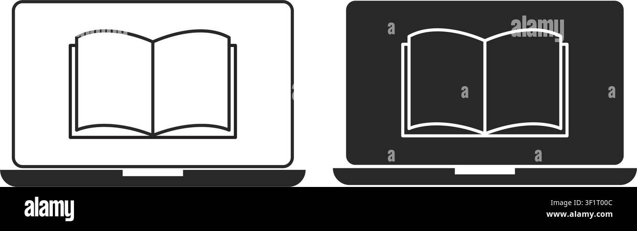 Une illustration minimaliste d'un ordinateur portable avec un livre ouvert sur l'écran représentant l'apprentissage en ligne, la bibliothèque numérique et l'éducation à distance. Illustration de Vecteur