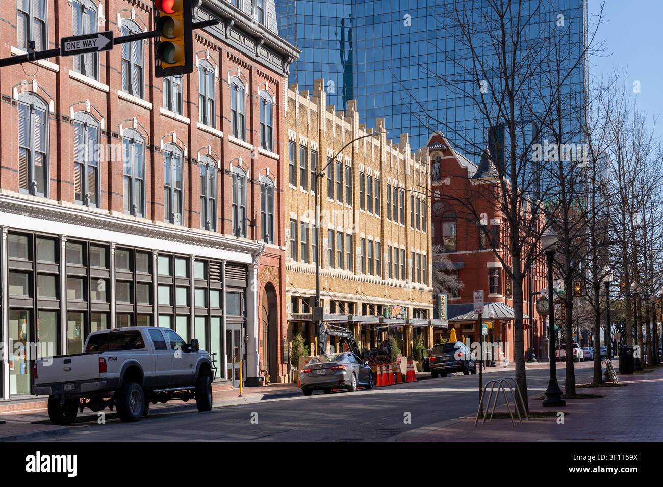 La vue de rue du quartier Sundance Square dans le centre-ville de Fort Worth, Texas, États-Unis. Banque D'Images