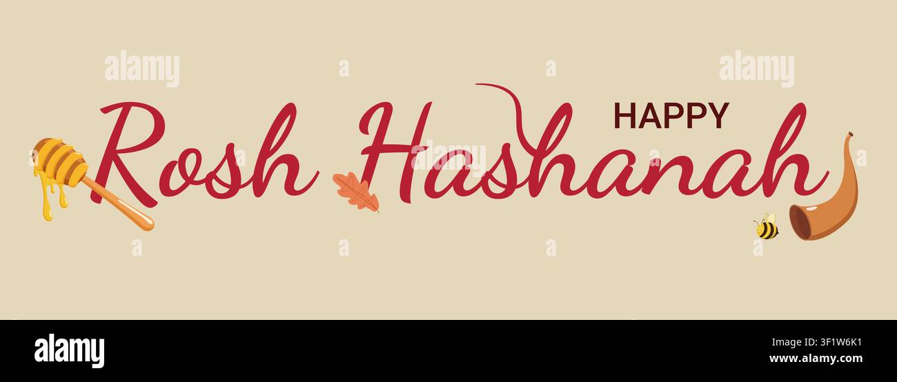 Design joyeux pour Rosh Hashanah avec un dipper de miel, un shofar, une abeille et une feuille d'automne, des lettres festives symbolisant la Nouvelle Année juive Illustration de Vecteur