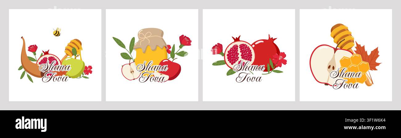 nos panneaux Shana Tova avec pommes, miel, grenades, shofar, fleurs et feuille d'automne, designs festifs Illustration de Vecteur
