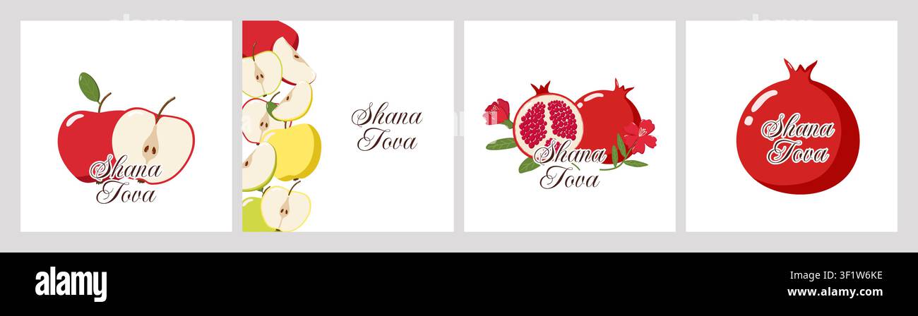 Quatre panneaux sur le thème des fruits Shana Tova avec des pommes et des grenades, des designs festifs symbolisant la Nouvelle Année juive Illustration de Vecteur