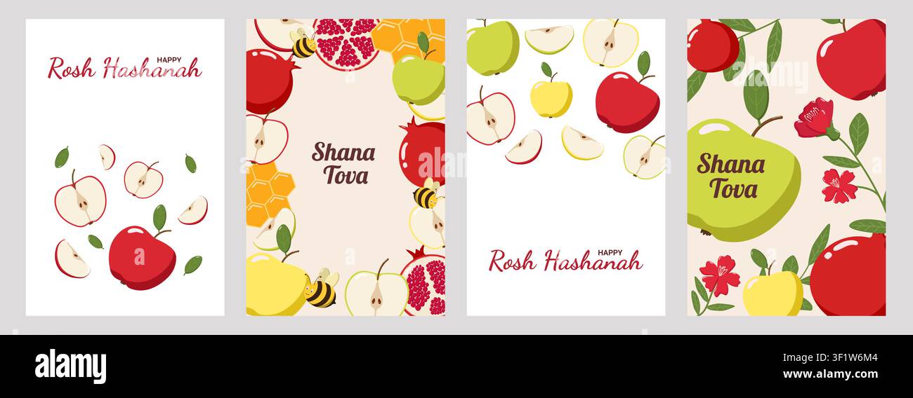Quatre cartes de vœux Rosh Hashanah colorées avec des pommes, du miel, des grenades, des abeilles et des fleurs, représentant Illustration de Vecteur