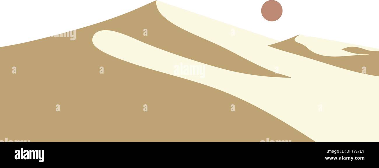Illustration minimaliste de paysage montrant un petit soleil se levant au-dessus de dunes douces et ondulées dans des tons neutres chauds Illustration de Vecteur