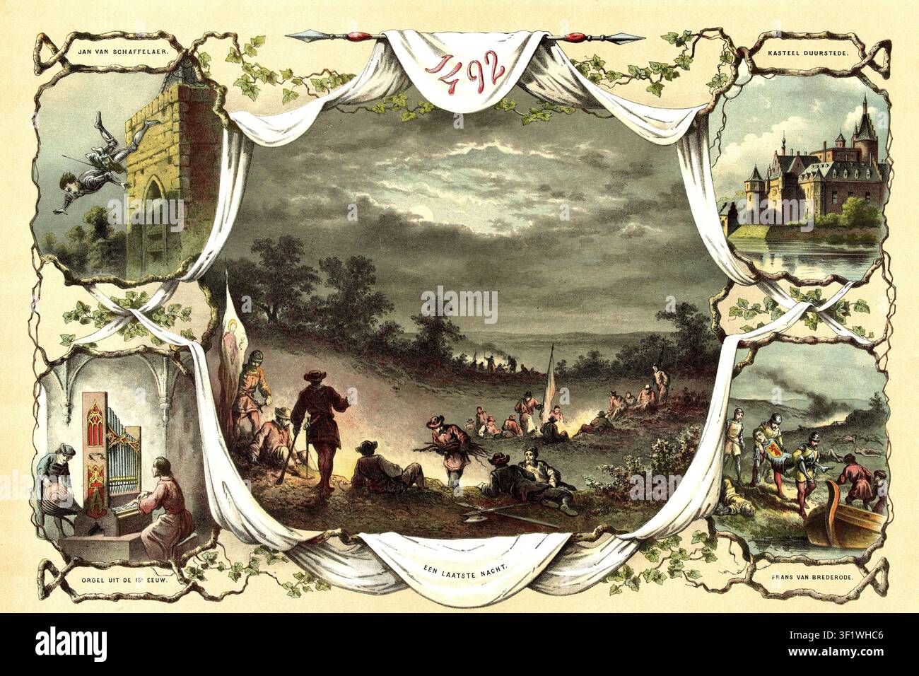 Événements autour de l'année 1492. L'image principale montre des soldats dans un camp de campagne sous un ciel nuageux de nuit. En haut à gauche : le célèbre saut de l'officier de cavalerie Jan van Schaffelaar depuis la tour de l'église de Barneveld en 1482 pour sauver ses hommes assiégés. En bas à droite : Junker Frans van Brederode. Image scolaire, illustration, reproduction d'une œuvre originale du XIXe siècle. Image scolaire, fresque murale, authentique, fichier restauré pour une utilisation optimale, date exacte de l'original inconnue, historique Banque D'Images