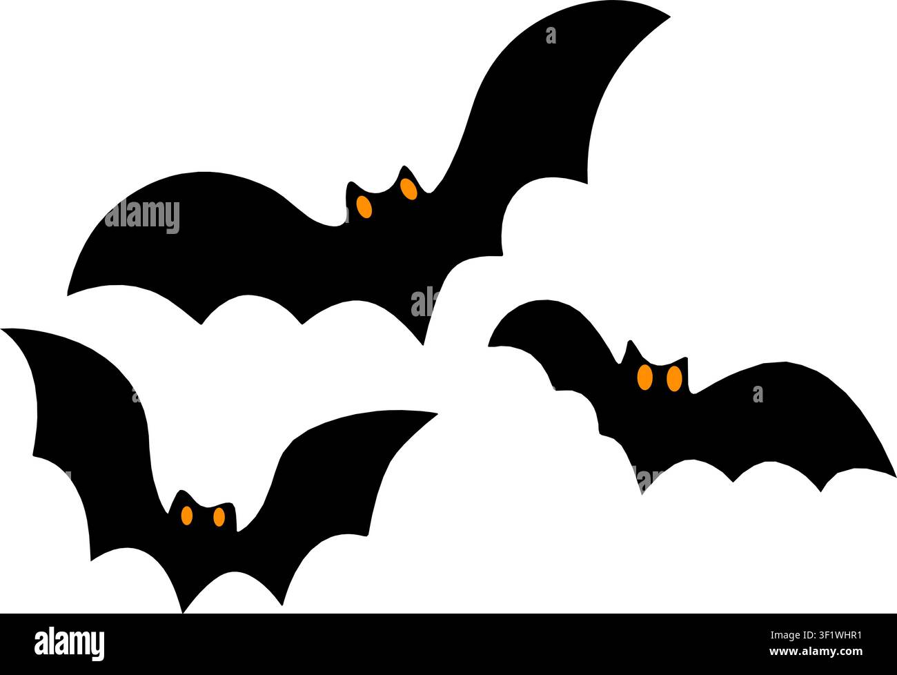 Morceaux de chauves-souris noires mignonnes aux yeux orange brillants volant ensemble isolés sur fond blanc, art vectoriel effrayant d'Halloween Illustration de Vecteur
