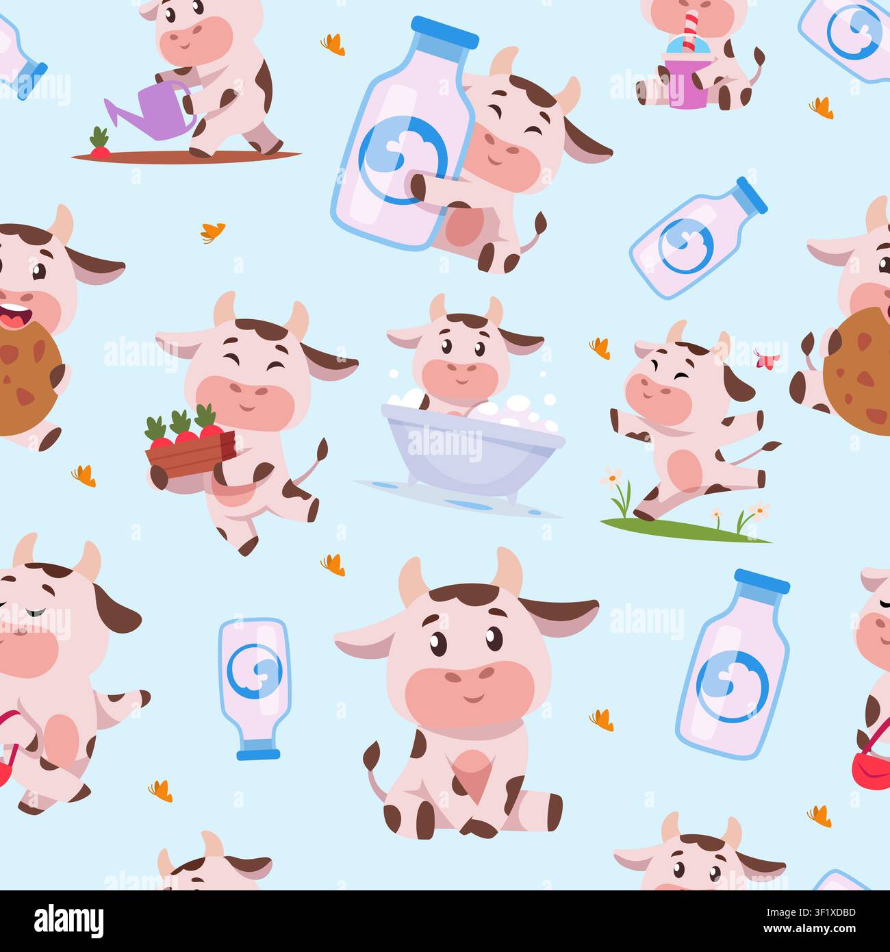 Motif de vache. Motif vectoriel sans couture avec des vaches mignonnes, des bouteilles de lait, des biscuits aux fruits et des éléments de ferme sur un fond clair Illustration de Vecteur