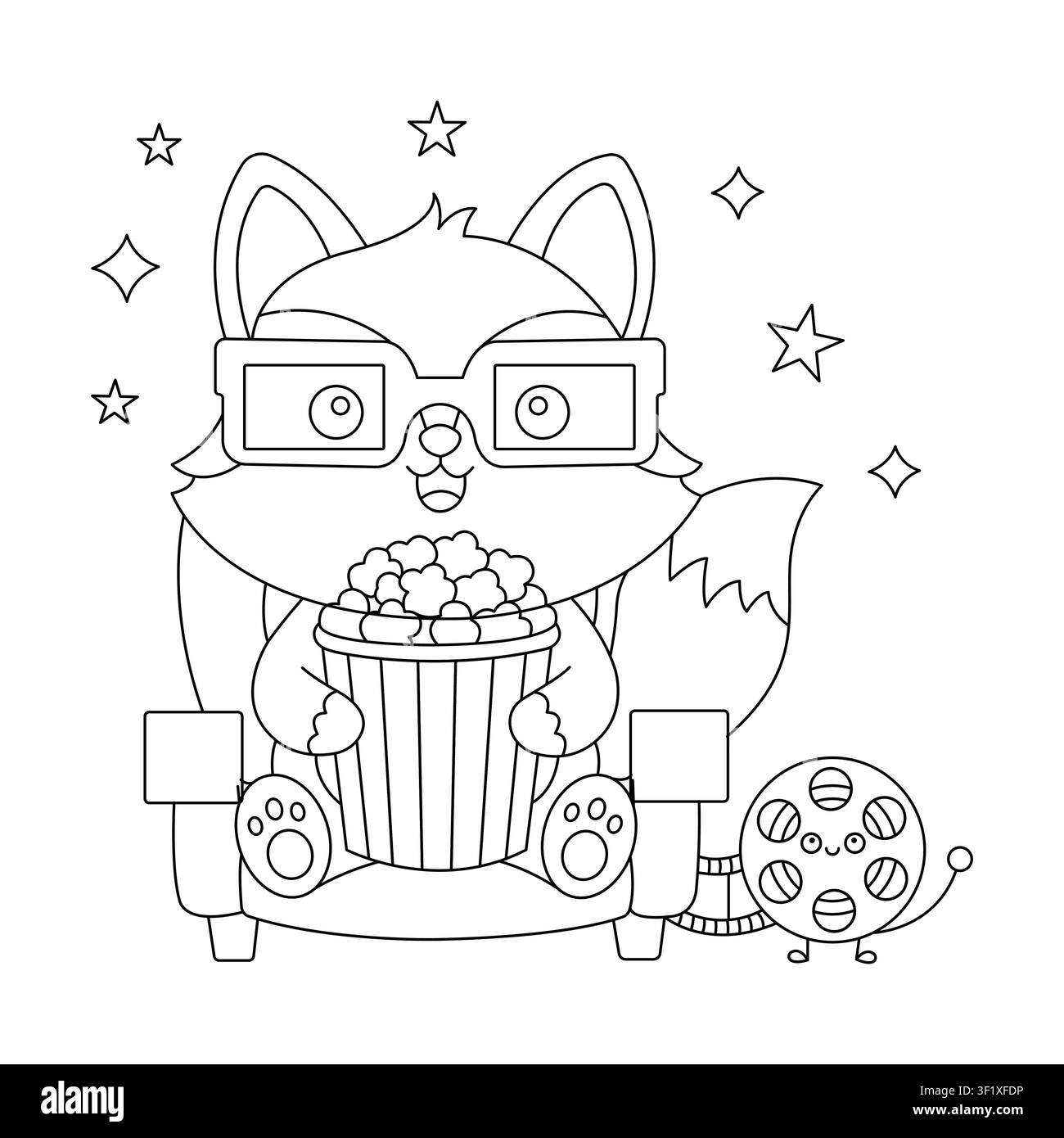 Renard mignon et adorable portant des lunettes 3D en train de regarder une page de coloriage de film pour enfants Illustration de Vecteur