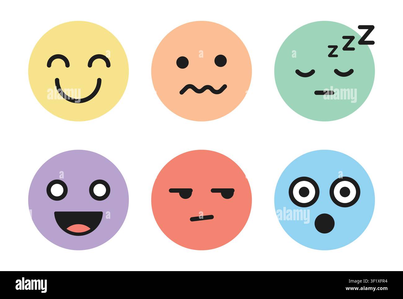 Ensemble d'icônes de visage emoji avec des symboles d'expressions faciales souriantes, endormies, surprises, confuses, neutres et drôles en vecteur Illustration de Vecteur
