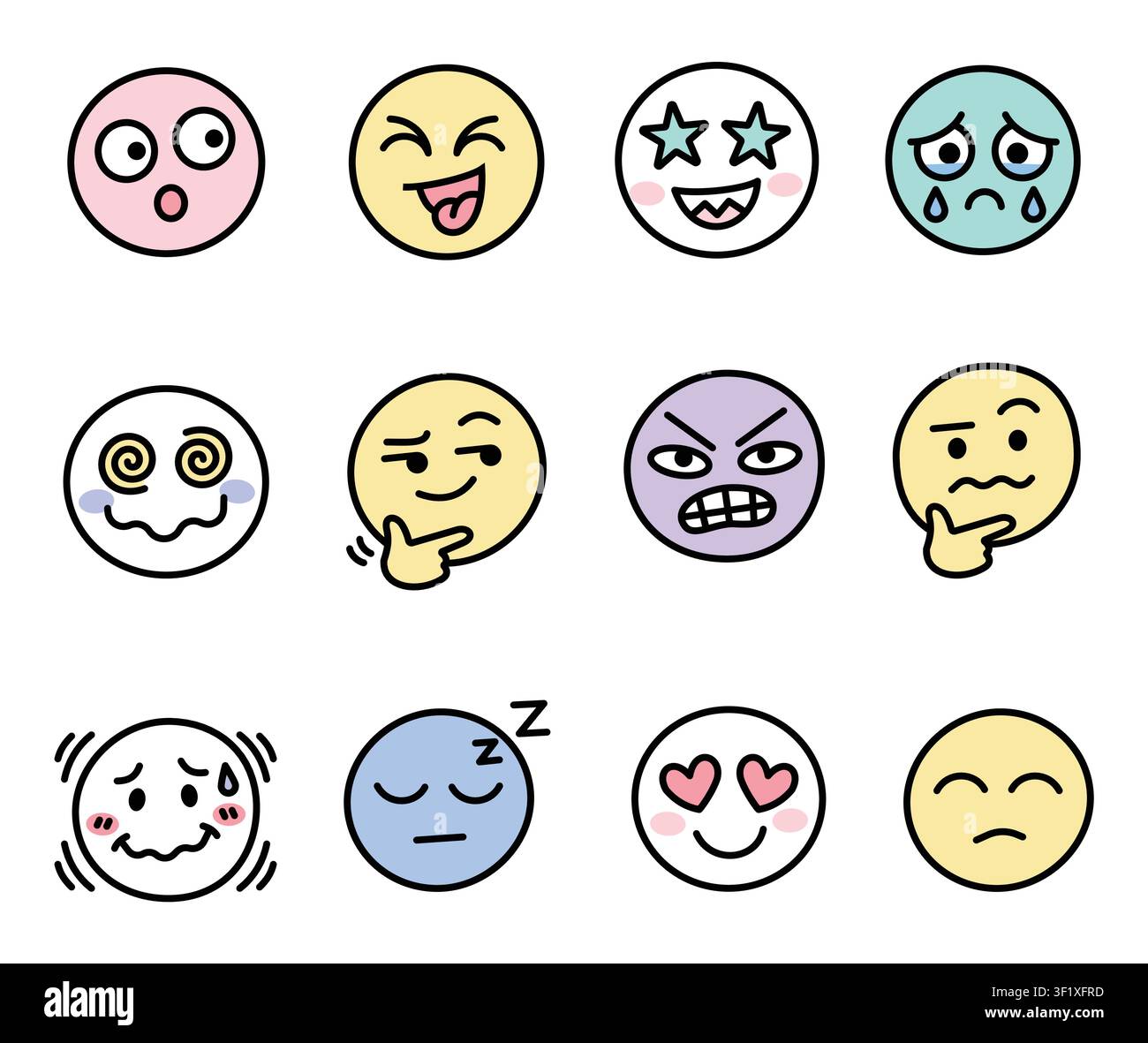 Ensemble d'icônes de visage emoji mignon avec des symboles d'expressions drôles, heureuses, étourdies, pleurantes, pensantes, endormies, en colère et d'amour en format vecteur Illustration de Vecteur