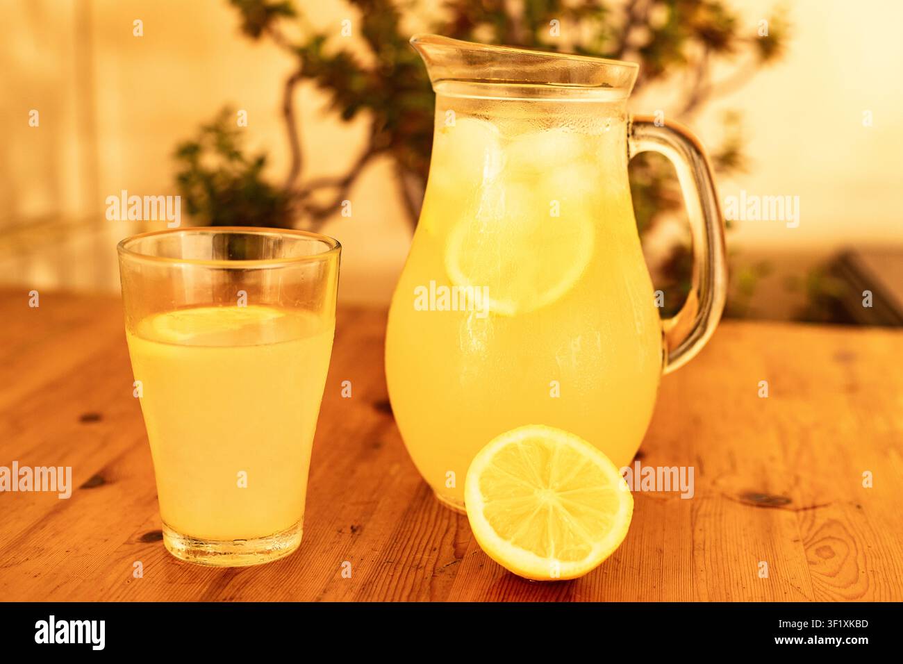 Une carafe en verre et un verre de limonade fraîche sont posés sur une table en bois, garnis de tranches de citron, baignés d'une lumière dorée, une boisson rafraîchissante d'été Banque D'Images
