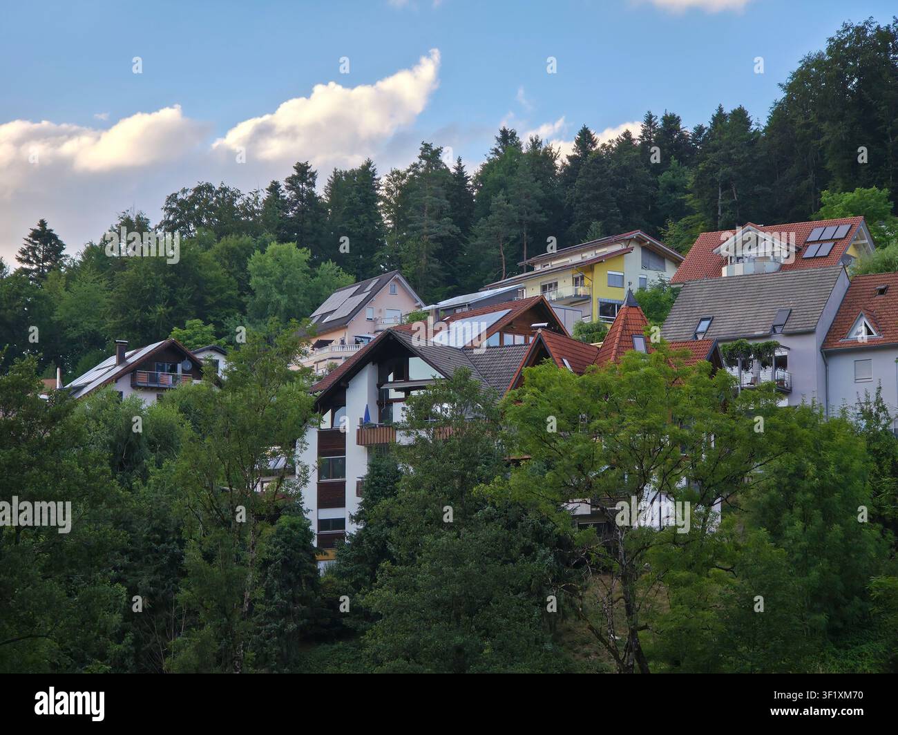 Allemagne, maisons charmantes du village d'Elzach encadrées par des arbres verts luxuriants sous un coucher de soleil estival radieux dans le paysage paisible de la Forêt Noire Banque D'Images