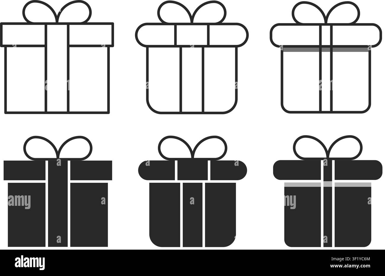 Un ensemble de six icônes de boîtes-cadeaux affichées en styles de contour et de silhouette pleine. Idéal pour les achats de fêtes, les cadeaux d'anniversaire et les designs de célébrations. Illustration de Vecteur