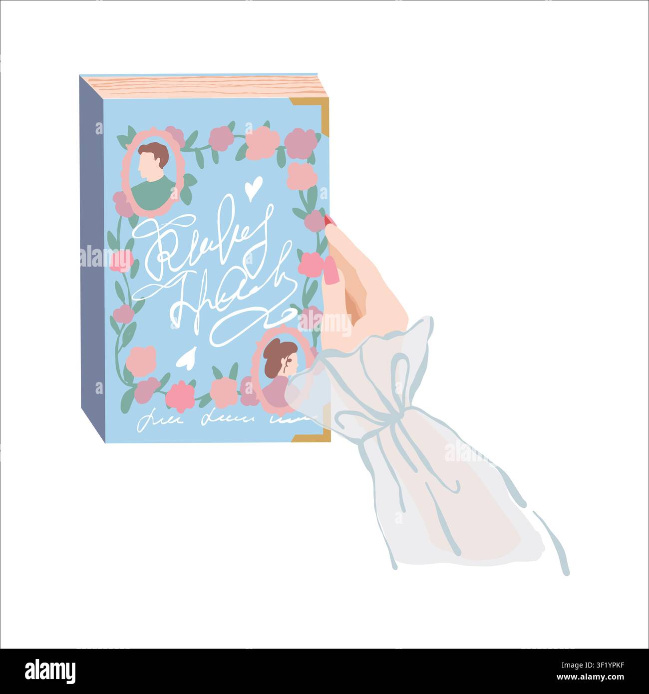 Une main de femme tient un livre avec une belle couverture romantique. Clipart sur le thème des livres de style plat, isolé sur fond blanc. Roman d'amour, lecture. Club de lecture féminin. Illustration vectorielle. Illustration de Vecteur