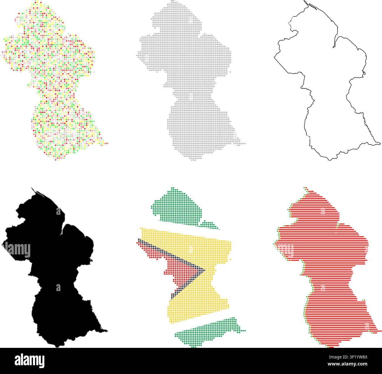 Collection de cartes du Guyana avec illustration vectorielle en demi-teinte, pointillée, contour, silhouette solide et drapeau national Illustration de Vecteur