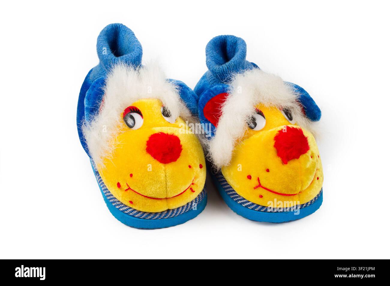 Paire de pantoufles en peluche animale pour enfant. Chaussures douces avec motif de visage de chien en dessin animé. Vêtements d'intérieur confortables pour enfants. Banque D'Images