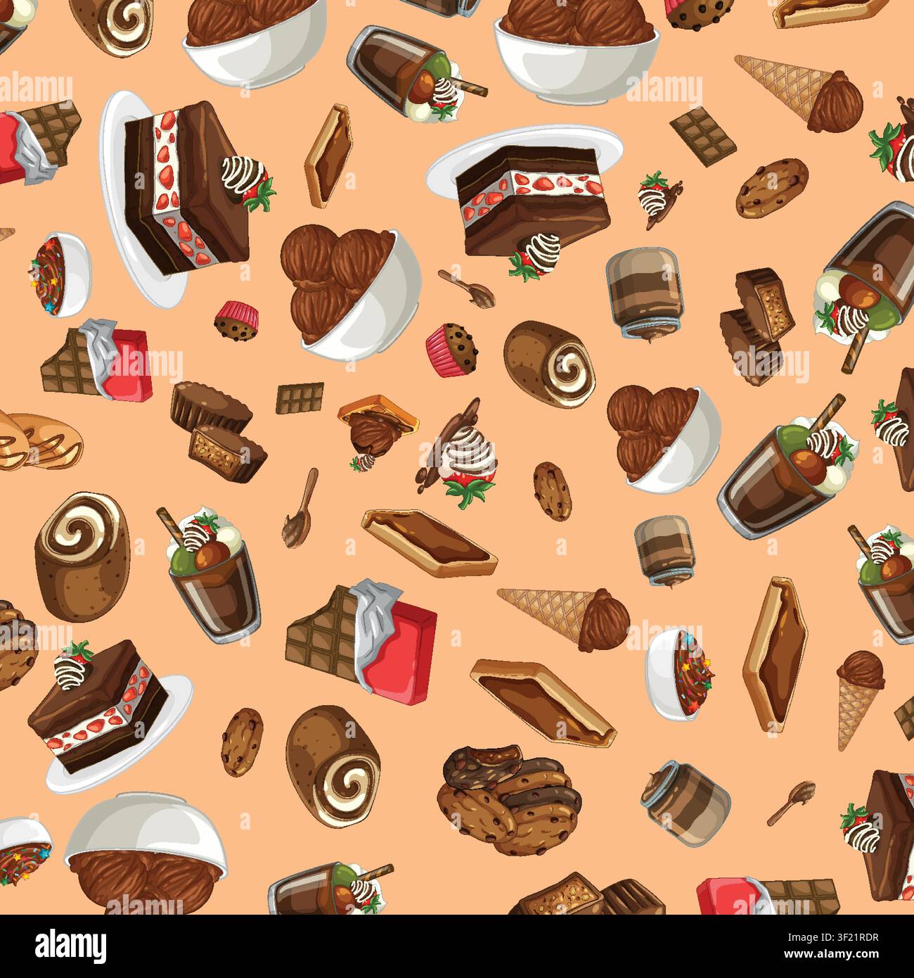 Illustration vectorielle plate de gâteaux au chocolat variés, de glaces et de biscuits sur fond orange. Illustration de Vecteur