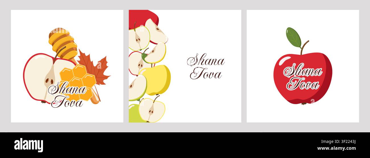 Trois panneaux sur le thème des pommes Shana Tova avec des rayures de miel, des pommes tranchées et une pomme entière, designs festifs Illustration de Vecteur