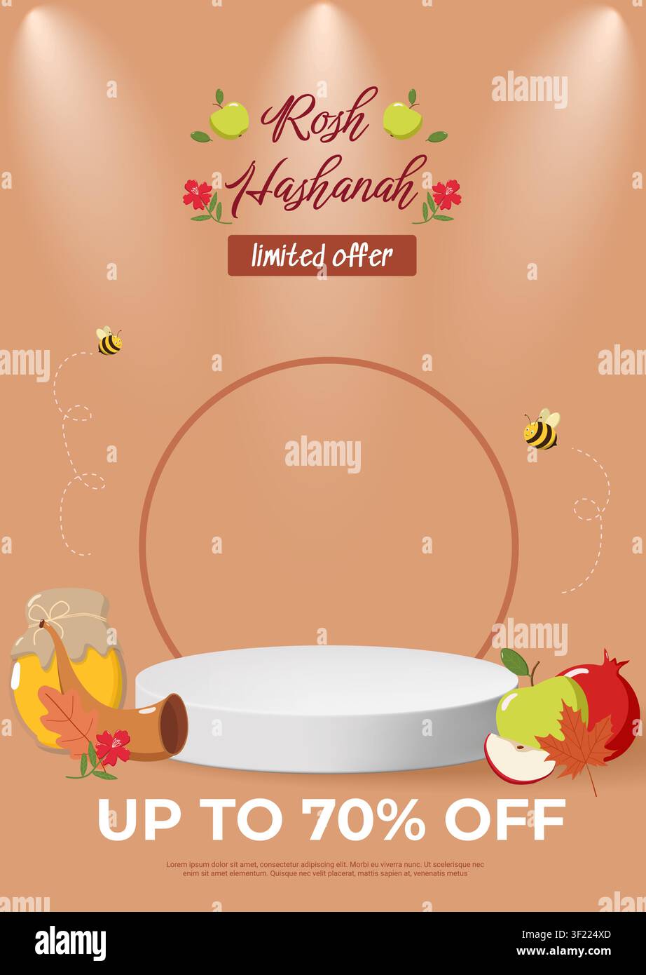 Affiche de vente Rosh Hashanah avec pot de miel, pommes, shofar, abeilles et feuilles d'automne sur un fond brun chaud Illustration de Vecteur