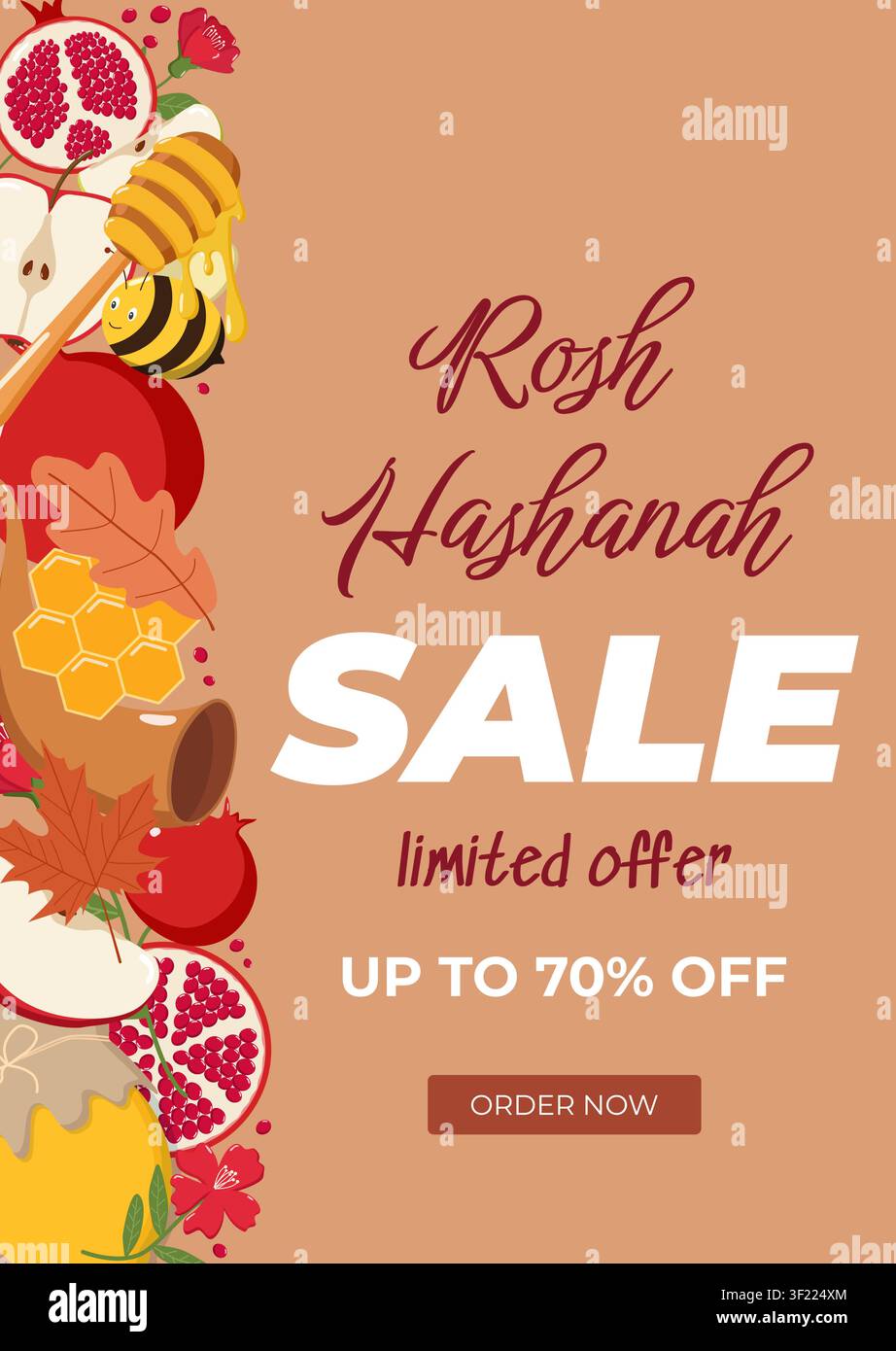 Affiche de vente Rosh Hashanah avec du miel, des pommes, des grenades, des abeilles et des feuilles d'automne sur un fond beige chaud Illustration de Vecteur