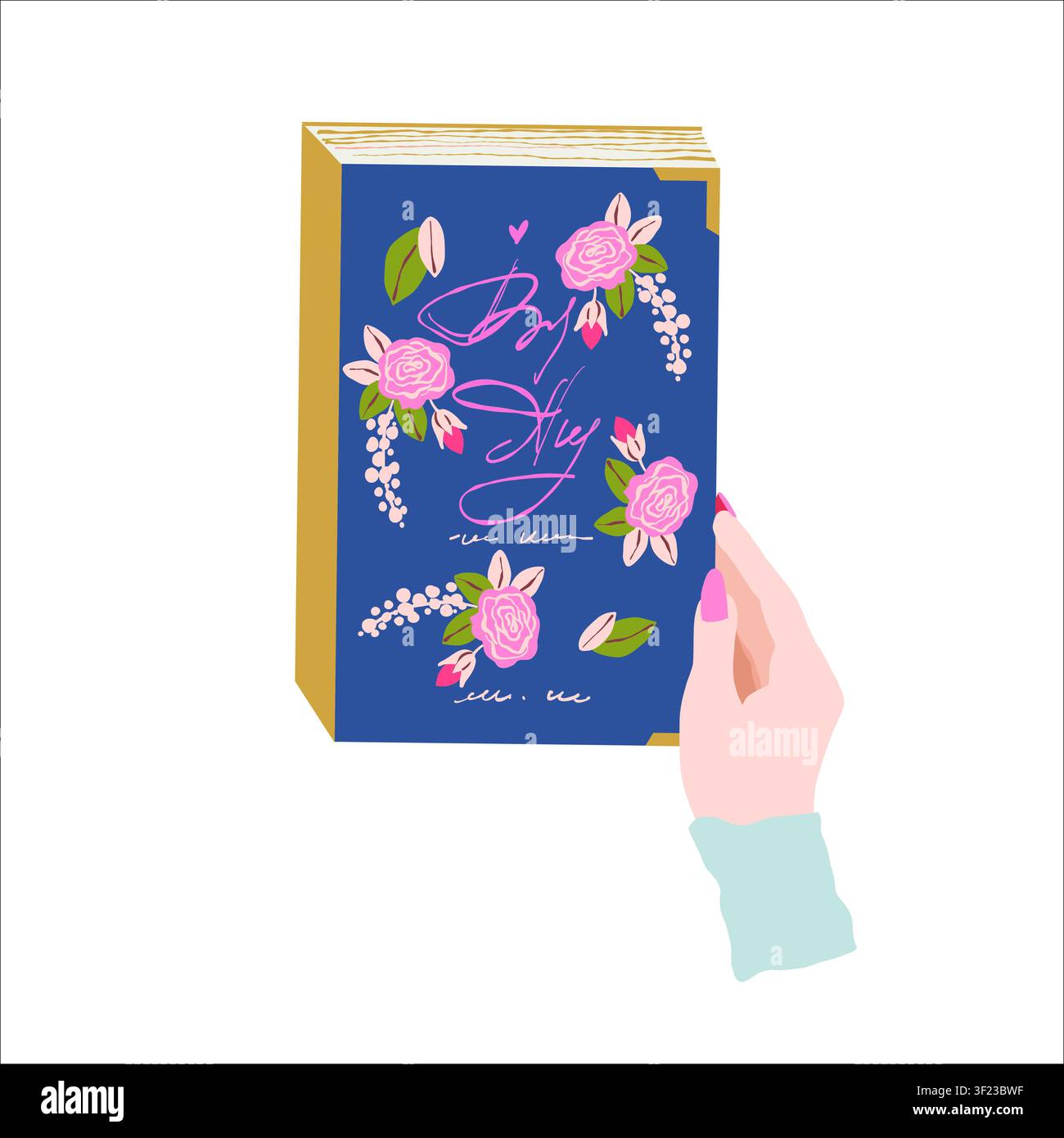 Une main de femme tient un livre avec une belle couverture romantique. Clipart sur le thème des livres de style plat, isolé sur fond blanc. Roman d'amour, lecture. Club de lecture féminin. Illustration vectorielle. Illustration de Vecteur