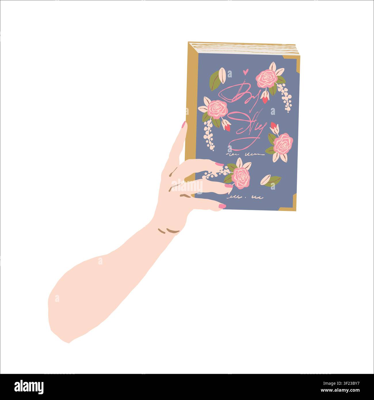Une main de femme tient un livre avec une belle couverture romantique. Clipart sur le thème des livres de style plat, isolé sur fond blanc. Roman d'amour, lecture. Club de lecture féminin. Illustration vectorielle. Illustration de Vecteur
