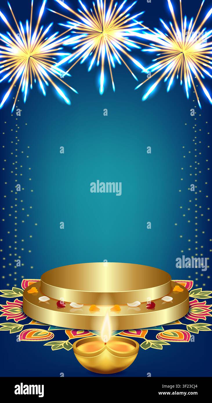 Bannière verticale festive de Diwali mettant en vedette un podium d'exposition doré, un diya lumineux, des rangolis décoratifs, des feux d'artifice étincelants et un grand espace de texte. Illustration de Vecteur