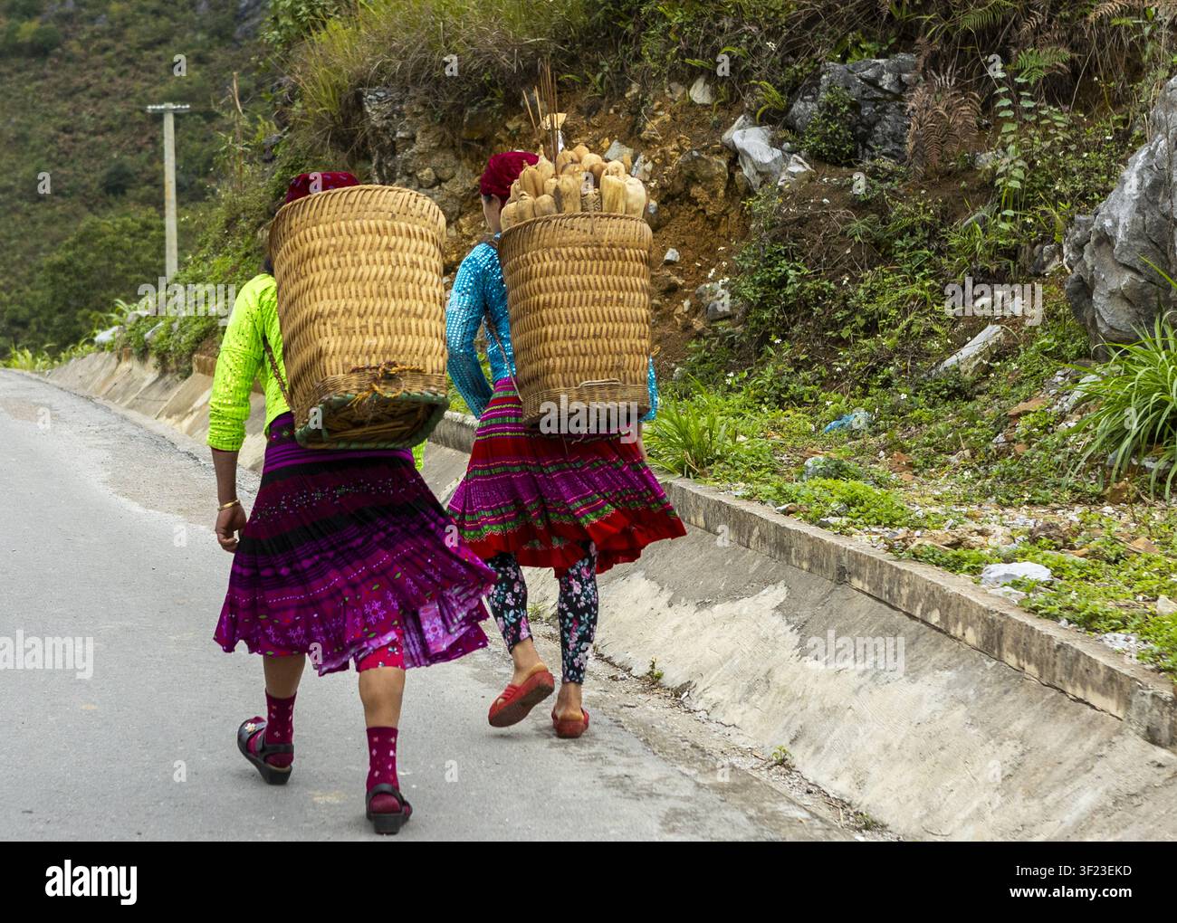 Hoan Kiem, Hanoï, Vietnam - 06 octobre 2025 : Vue de deux femmes Hmong en tenue traditionnelle portant de grands paniers tissés tout en marchant le long d'une zone rurale Banque D'Images