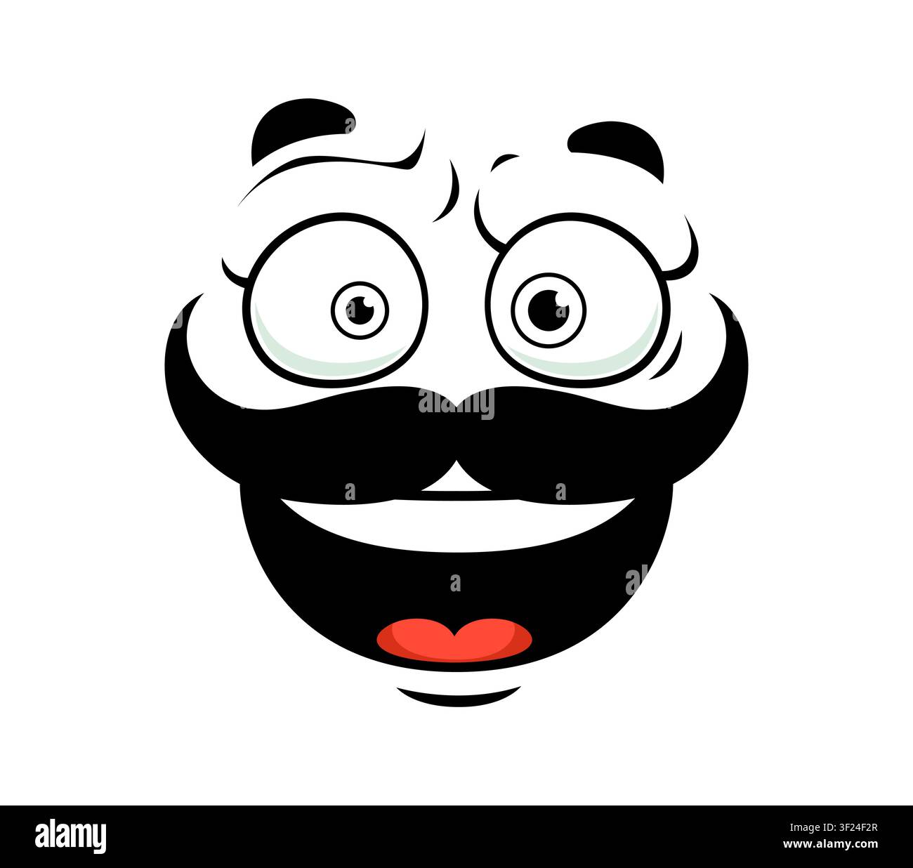 Émoji de visage moustachu joyeux et heureux en cartoon aux yeux écarquillés, aux sourcils levés et à la grande bouche souriante montrant une petite langue rouge. Personnage de bande dessinée joueur, surpris et expression d’émotion ou de sentiments amusés Illustration de Vecteur