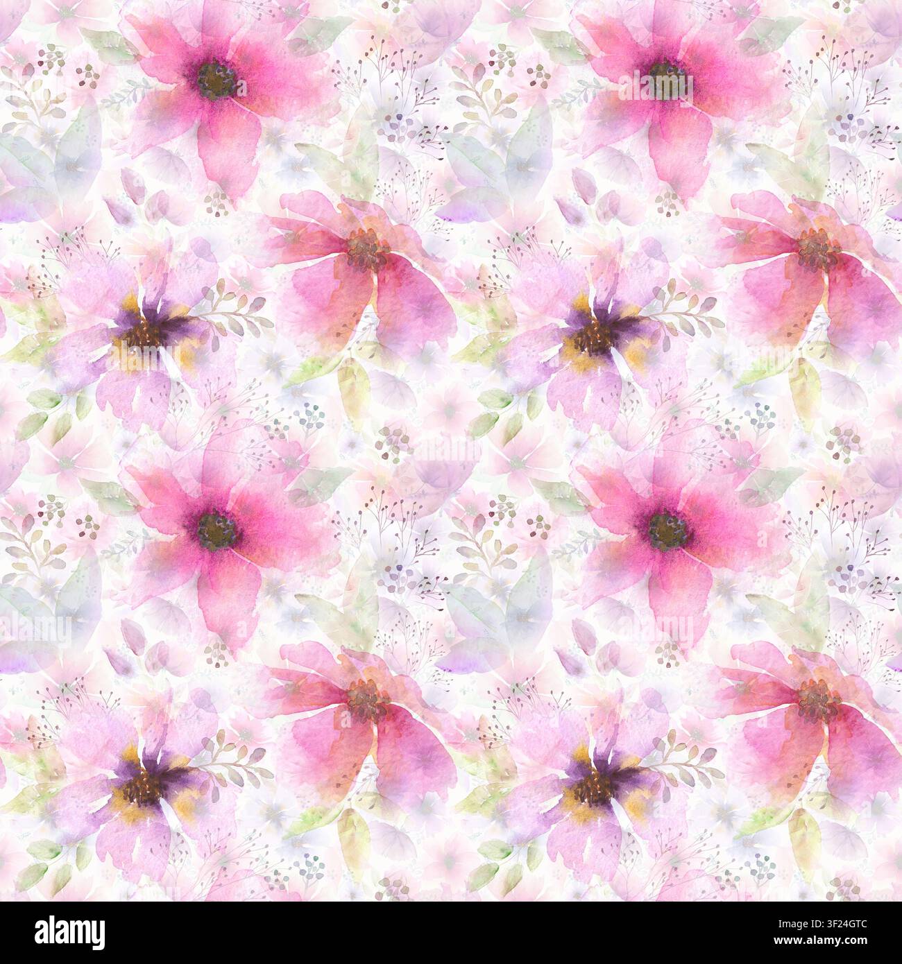 Motif sans couture délicat en aquarelle présentant des fleurs sauvages roses, un feuillage botanique doux et des éléments floraux aériens. Design romantique élégant pour tissu Banque D'Images