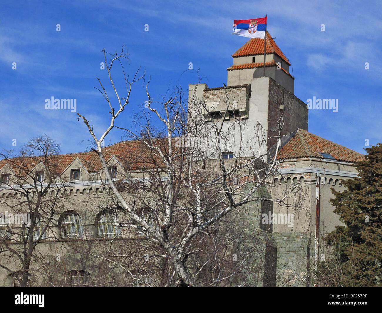 Bâtiment du musée militaire avec un drapeau serbe au sommet de la tour de la forteresse de Kalemegdan à Belgrade (Serbie) Banque D'Images