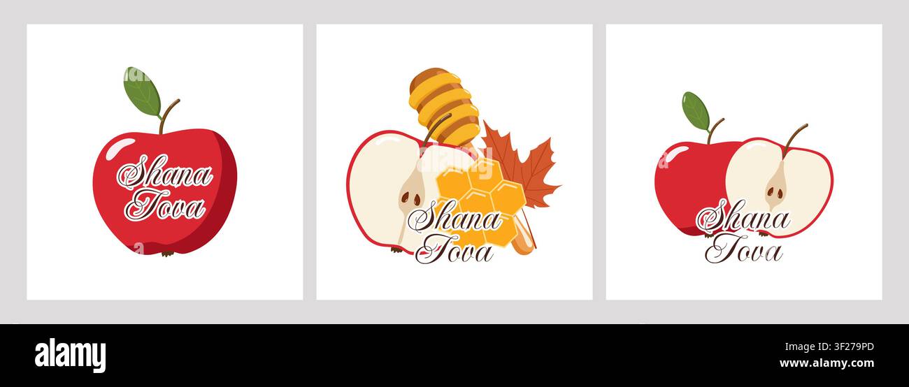Trois panneaux de vœux sur le thème des pommes Shana Tova avec des pommes entières, des pommes tranchées, de la glycérie et un loucheur à miel Illustration de Vecteur
