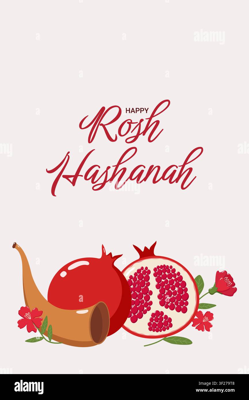 Vœux de Rosh Hashanah joyeux avec un shofar, des grenades et des fleurs sur un fond rose clair Illustration de Vecteur