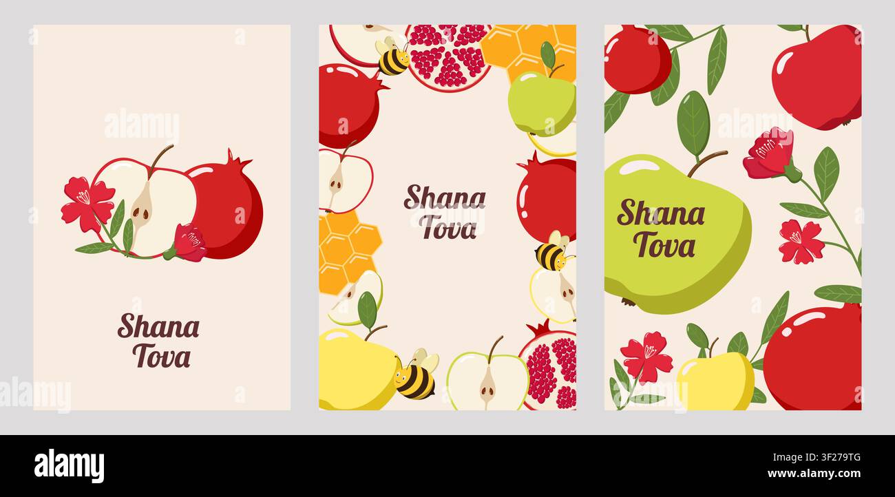 Trois cartes de vœux Shana Tova avec des pommes, des grenades, des rayons de miel, des abeilles et des fleurs sur fond beige Illustration de Vecteur