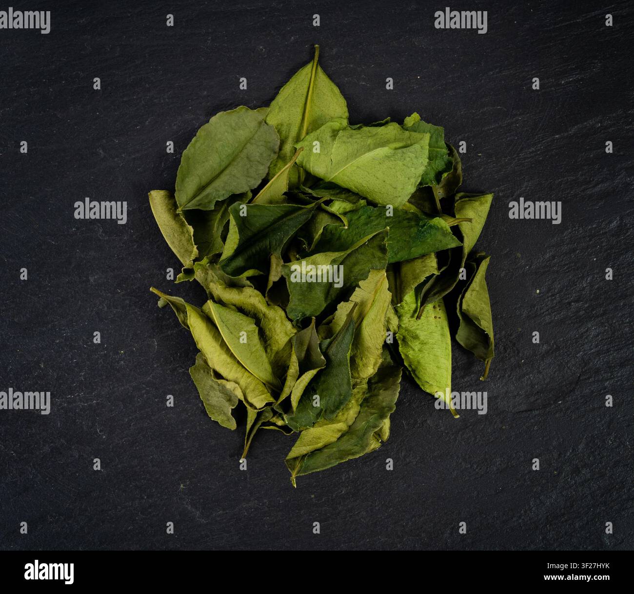 Feuilles de lime thaï séchées, pile de feuilles de makrut ou Citrus hystrix, pousses de lime kaffir séchées, épices d'Asie du Sud-Est, ingrédient de soupe tom yam sur fond noir Banque D'Images