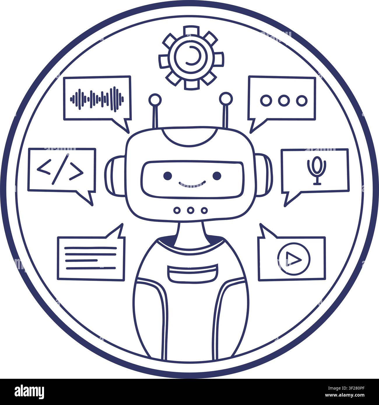 Assistant IA robotique mignon en cadre circulaire. Art linéaire. Widget de chat amical, communication multicanale, support virtuel et intégration sans code Illustration de Vecteur