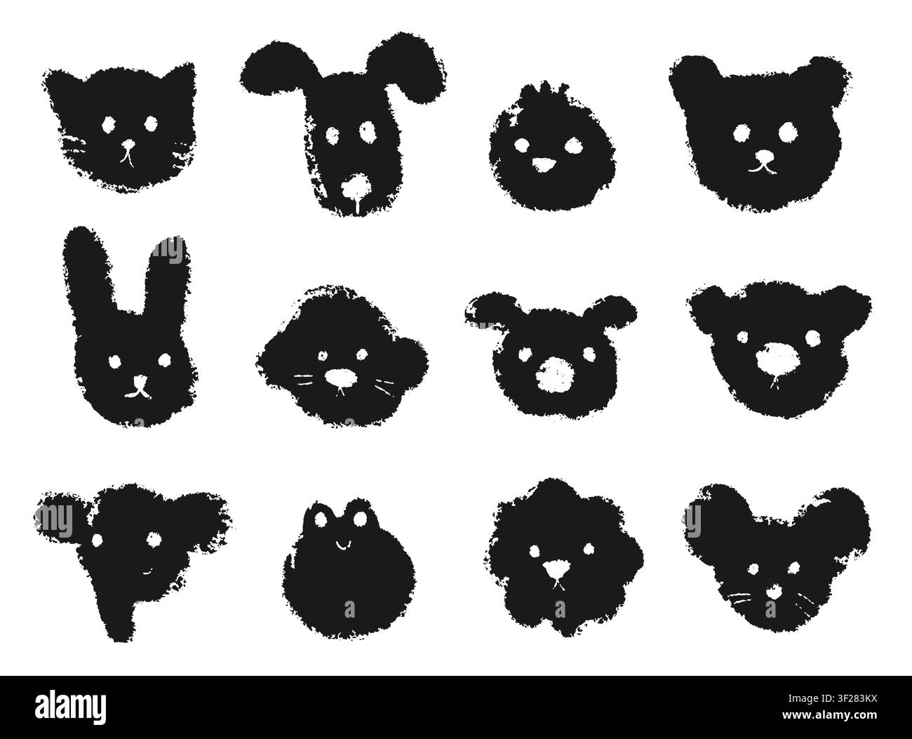Ensemble mignon de dessins d'animaux au crayon. Chat, ours, lapin, cochon, souris, grenouille, éléphant en craie doodle Illustration de Vecteur