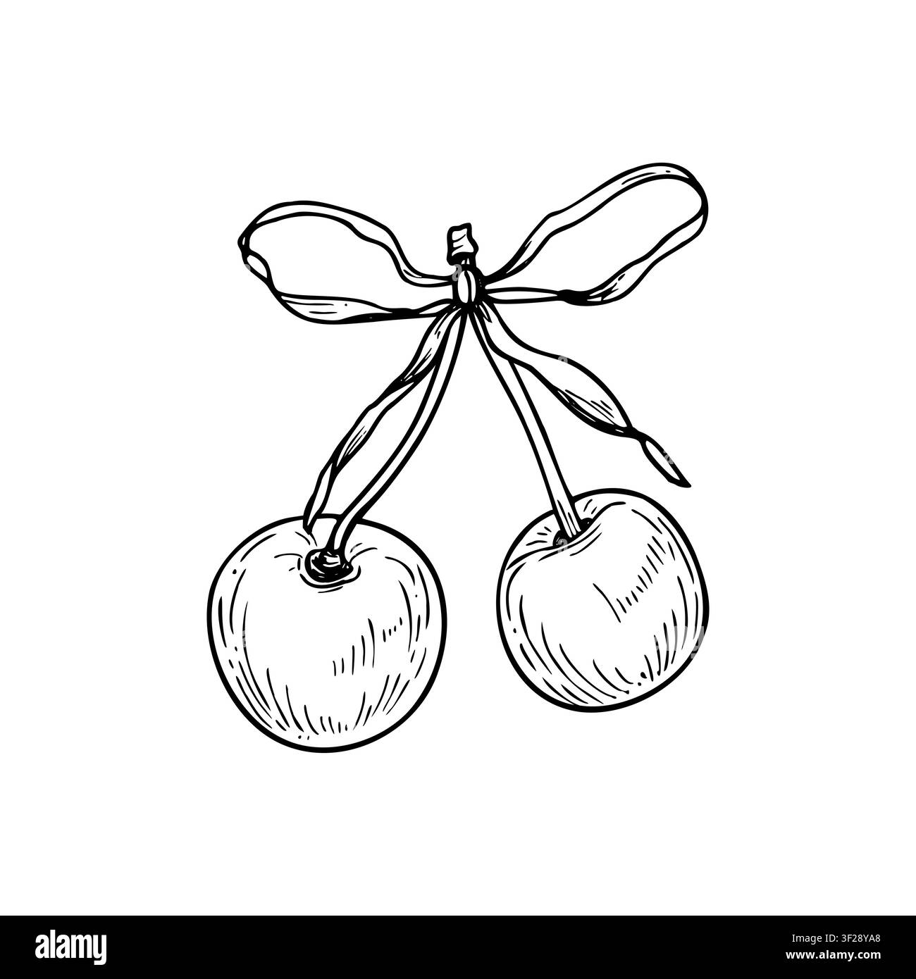 Croquis dessiné à la main de deux cerises liées par un nœud ruban. Illustration en encre noire de couple de baies mûres vintage en ligne art. Élément de fruit monochrome Illustration de Vecteur