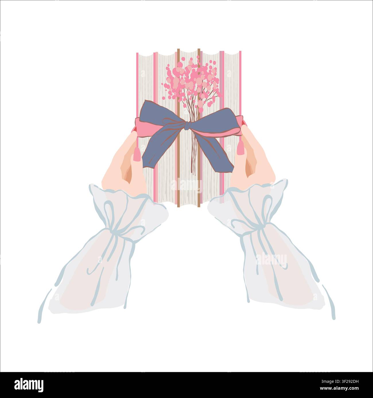 Illustration vectorielle : Les mains d'une femme tenant une pile de livres ornés de fleurs et noués d'un ruban. Clipart dans un style plat et girly. Thèmes : livres, lecture, littérature, clubs de lecture et ambiance chaleureuse à la maison. Illustration de Vecteur