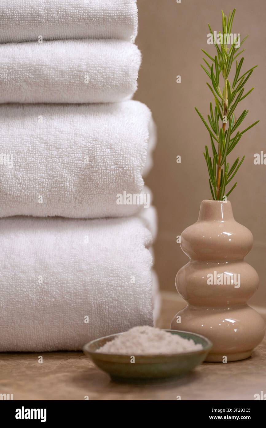 Serviette blanche roulée sur un plateau de bain en bois avec des essentiels de spa dans une salle de bain d'hôtel moderne, créant une atmosphère de bien-être relaxante Banque D'Images