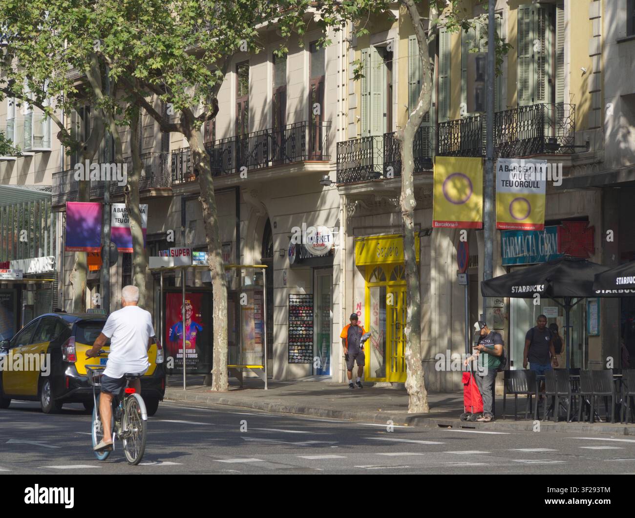 Bannières pour le Barcelona Pride 2026, représentant le drapeau Intersex Pride (proche) et le drapeau Bisexual Pride (lointain). Langue catalane, traduction anglaise est Banque D'Images